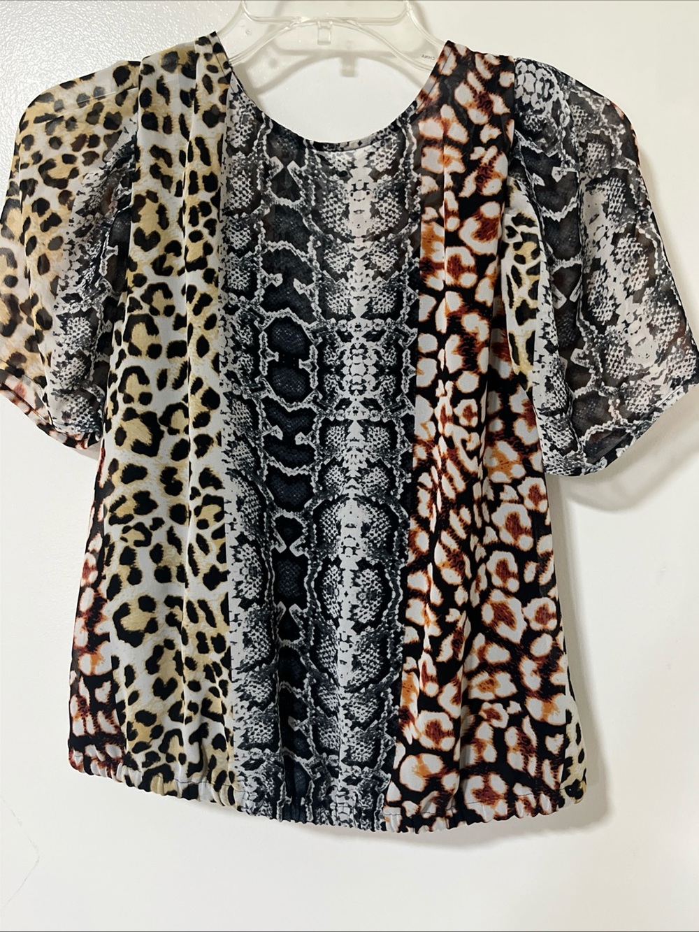 Express Mixed Animal Print Short Sleeve Blouse - Black, Brown, Cream